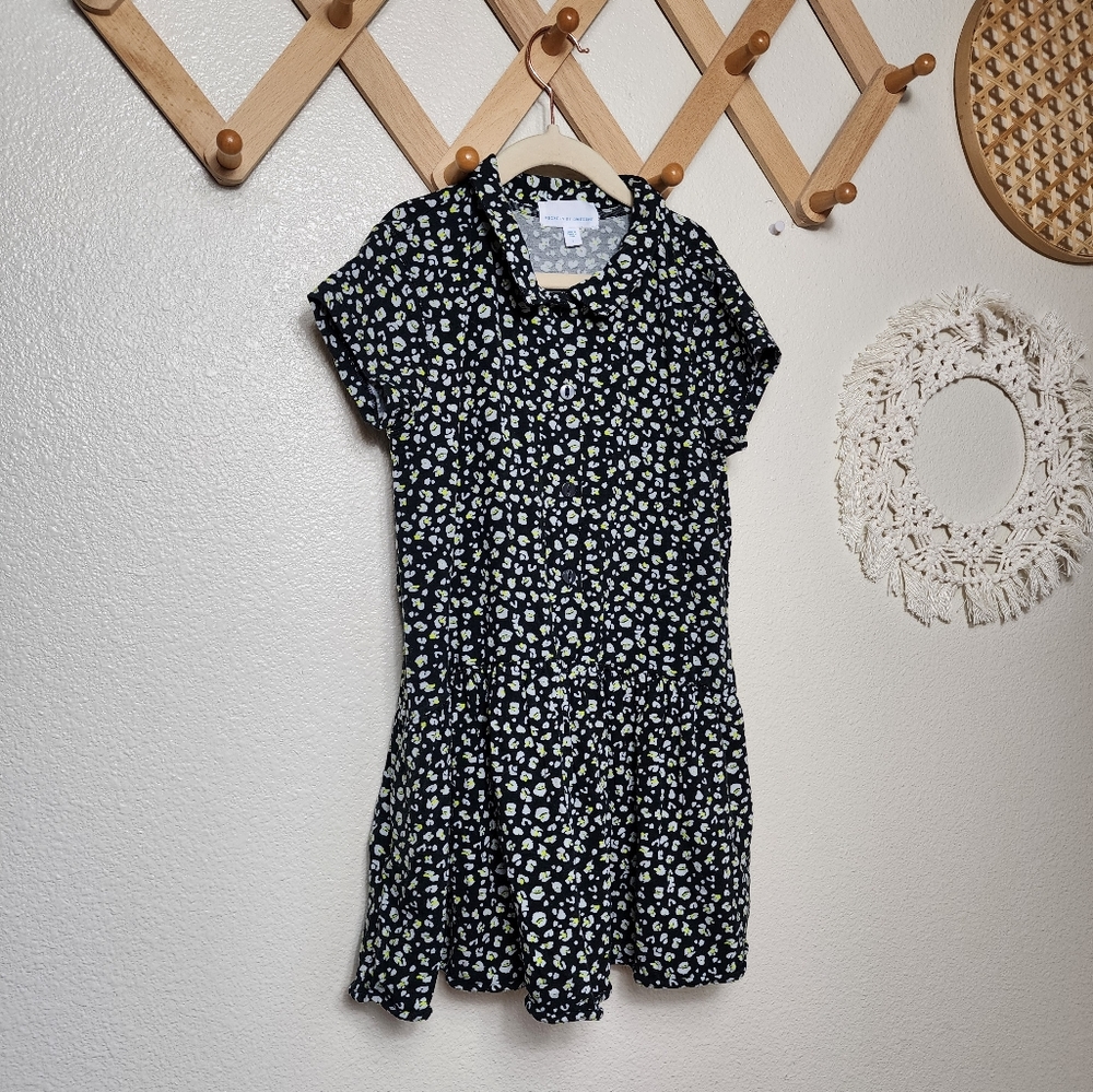 Rockets Of Awesome Floral Flare Dress Girls 7 Black Collared Short Sleeve EUC